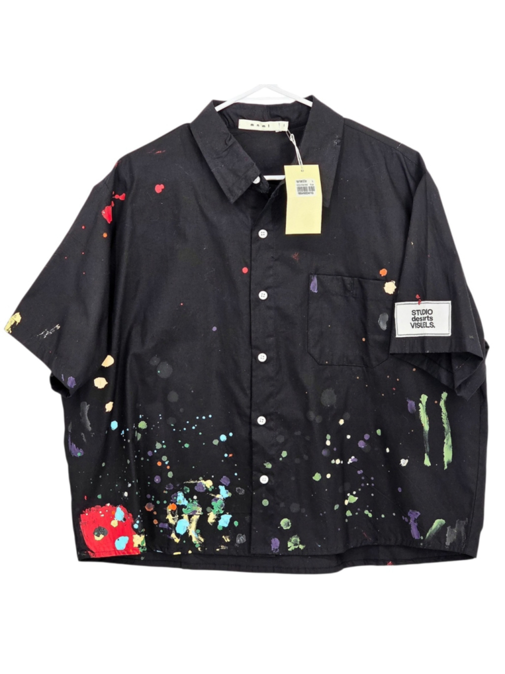 MNML Painter Camp Shirt Mens Large Black Paint Splatter Cropped Button Up NWT - Picture 2 of 12